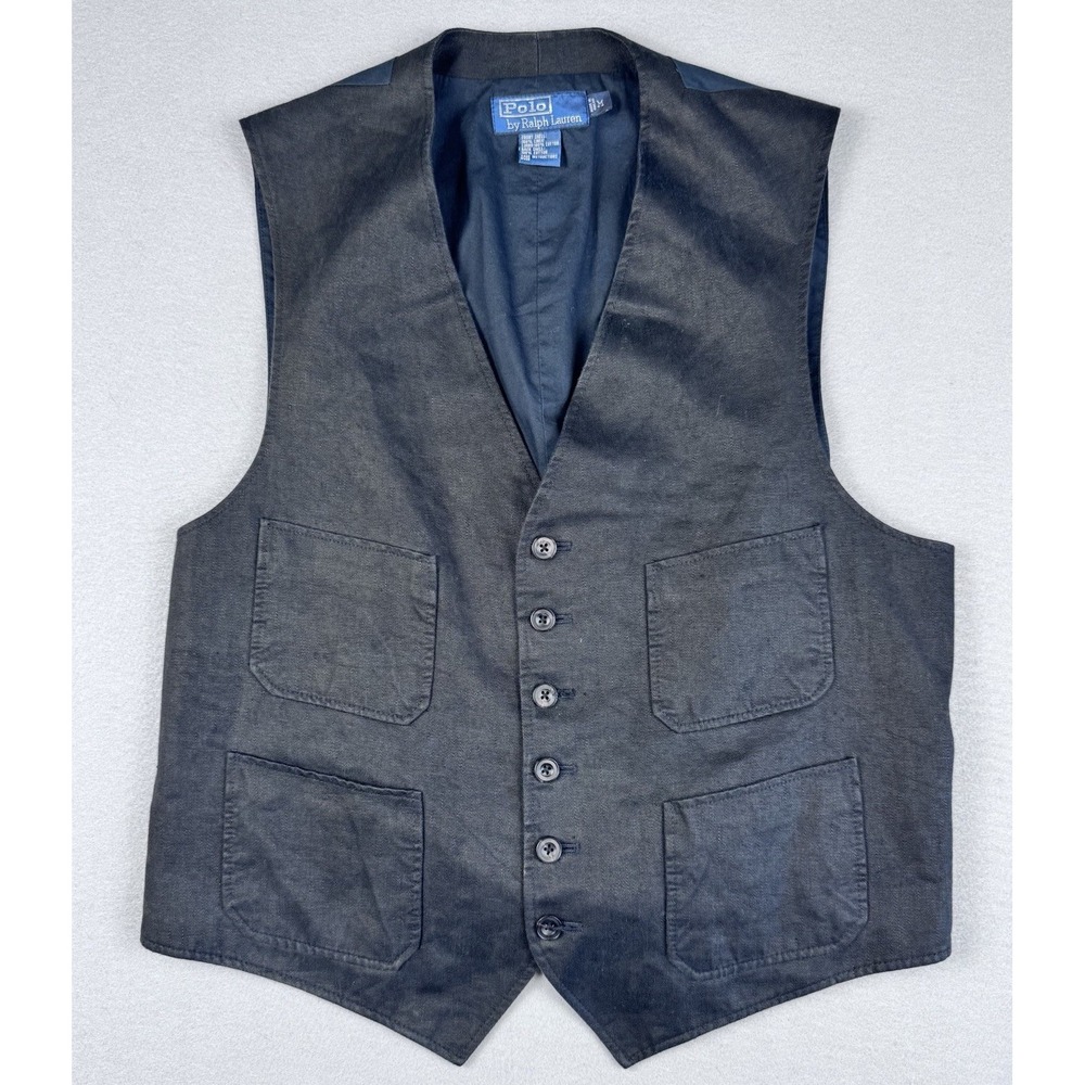 Vintage Polo Ralph Lauren Linen Waistcoat Men M Black Cinch Back Pockets Cotton